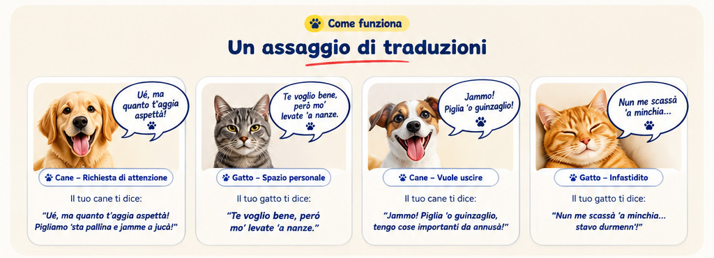 Come funziona — Un assaggio di traduzioni: esempi ironici in napoletano di cani e gatti